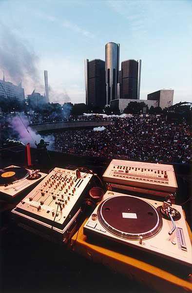 Detroit Electronic Music Festival - DJ view with players and crowd at festival