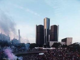 Detroit Electronic Music Festival - DJ view with players and crowd at festival