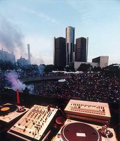 Detroit Electronic Music Festival - DJ view with players and crowd at festival