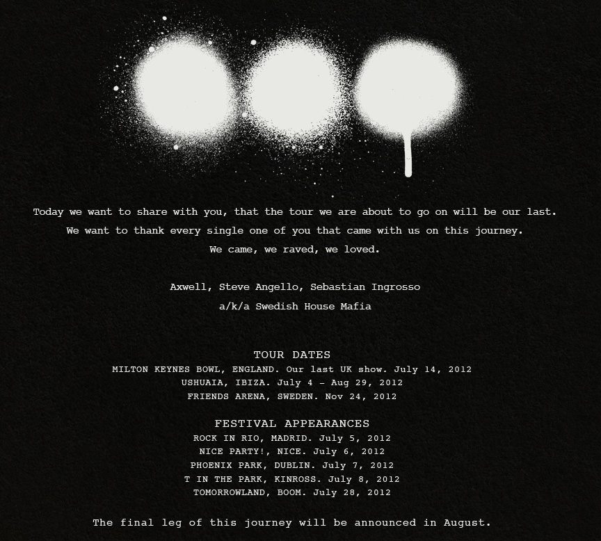 mesajul afisat pe site-ul celor de la Swedish House Mafia