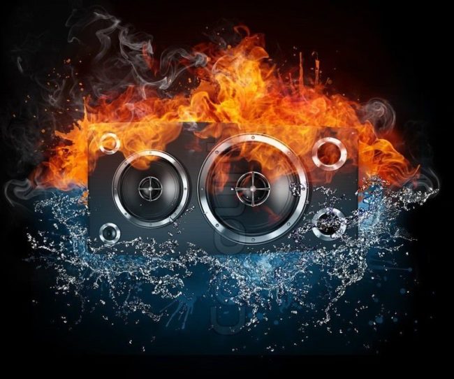 2160911-loudspeaker-on-fire-and-water-isolated-on-black-background-2d-graphics-computer-design