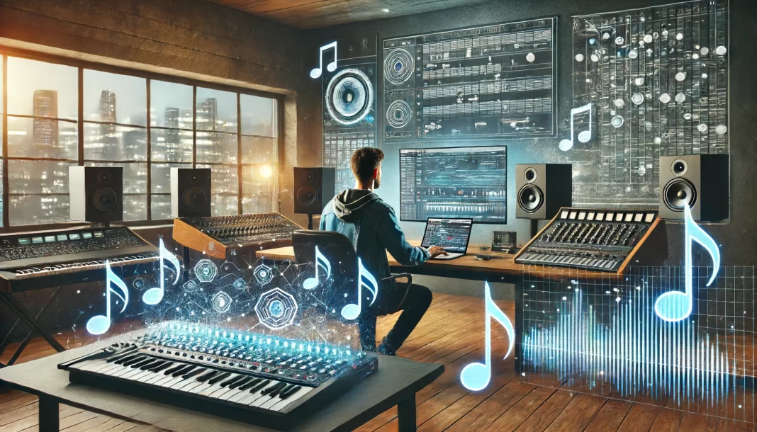 Un producator de muzica electronica intr-un studio cu proiectii vizuale 3D